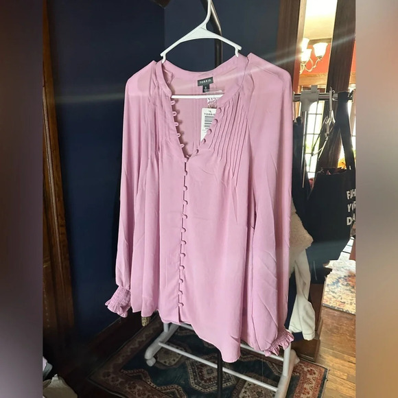 TORRID NWT Georgette smocked blouson sleeve blouse in mauve mist 23” p2p sz 12 - Picture 11 of 12